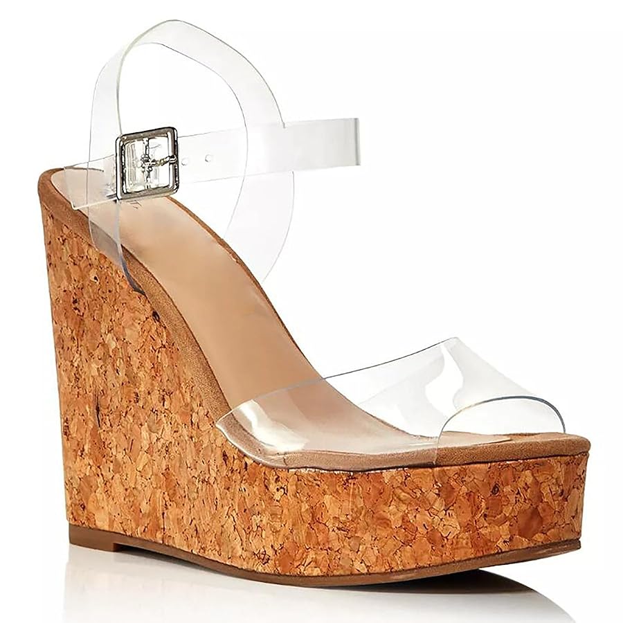 靴 Ameri CLEAR TUBE CORK SANDAL NEW Transparent Clear Cork Platform Slides Mules Wedge